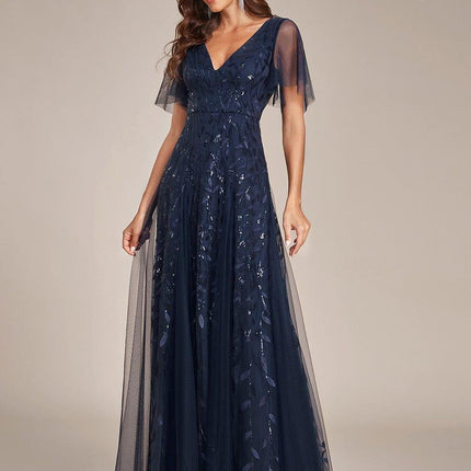 Zia | Fitted V-Neck Ruffle Sleeve Evening Dress