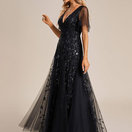 Zia | Fitted V-Neck Ruffle Sleeve Evening Dress