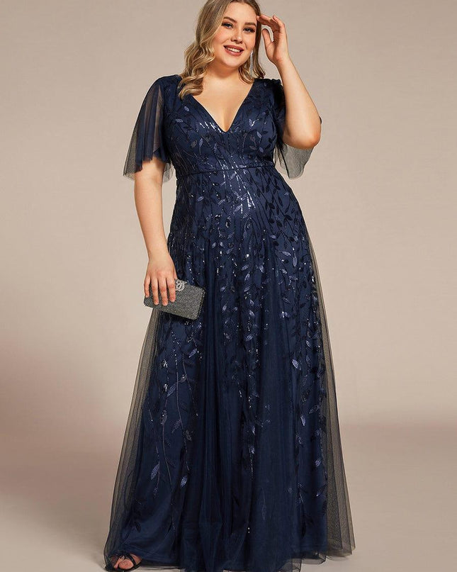 Zia | Fitted V-Neck Ruffle Sleeve Evening Dress