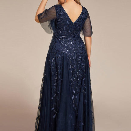 Zia | Fitted V-Neck Ruffle Sleeve Evening Dress