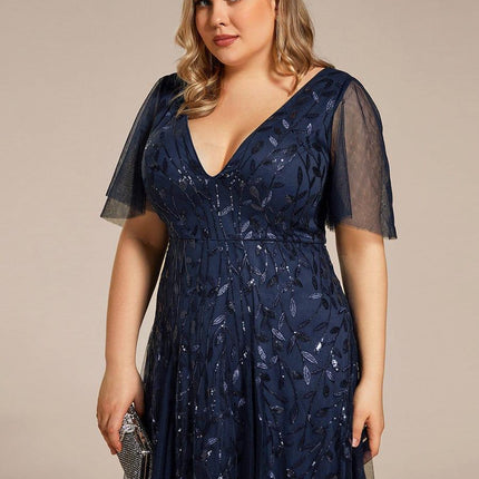 Zia | Fitted V-Neck Ruffle Sleeve Evening Dress