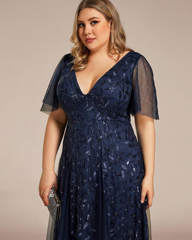 Zia | Fitted V-Neck Ruffle Sleeve Evening Dress