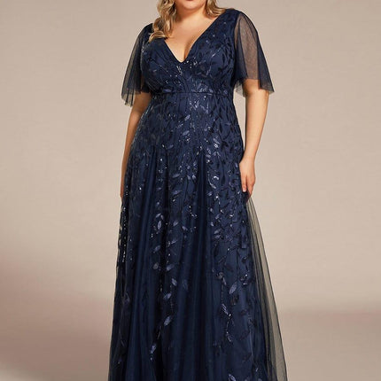 Zia | Fitted V-Neck Ruffle Sleeve Evening Dress