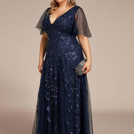 Zia | Fitted V-Neck Ruffle Sleeve Evening Dress