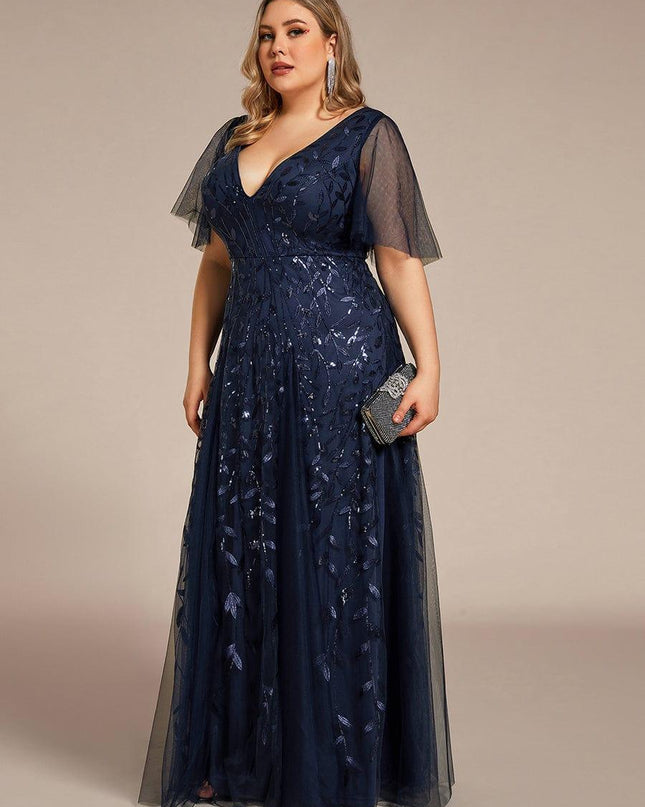 Zia | Fitted V-Neck Ruffle Sleeve Evening Dress