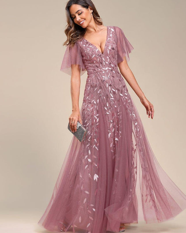 Zia | Fitted V-Neck Ruffle Sleeve Evening Dress