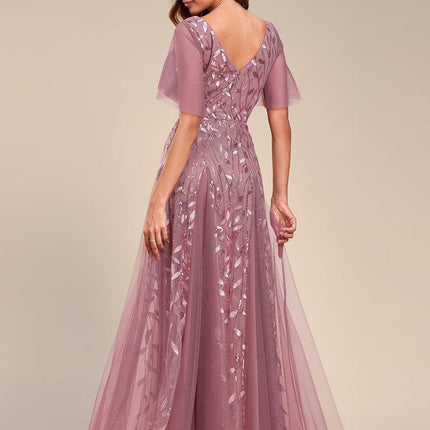 Zia | Fitted V-Neck Ruffle Sleeve Evening Dress