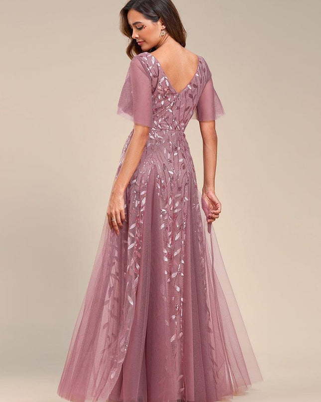 Zia | Fitted V-Neck Ruffle Sleeve Evening Dress