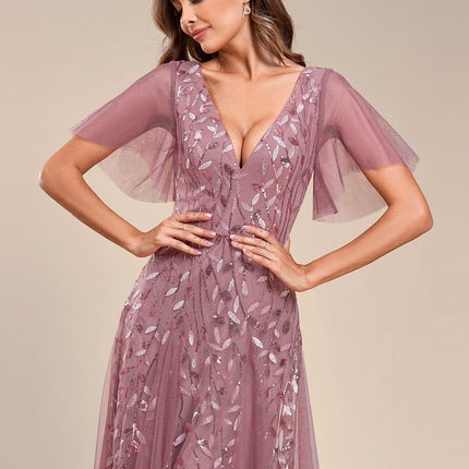 Zia | Fitted V-Neck Ruffle Sleeve Evening Dress