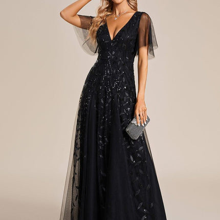Zia | Fitted V-Neck Ruffle Sleeve Evening Dress