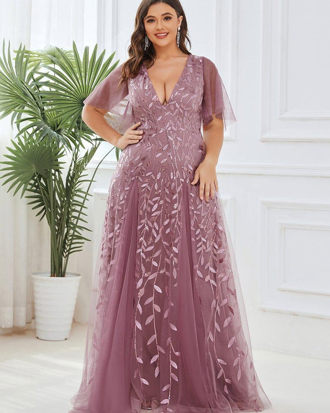 Zia | Fitted V-Neck Ruffle Sleeve Evening Dress