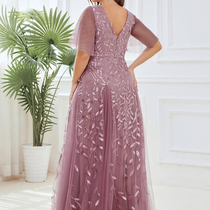 Zia | Fitted V-Neck Ruffle Sleeve Evening Dress