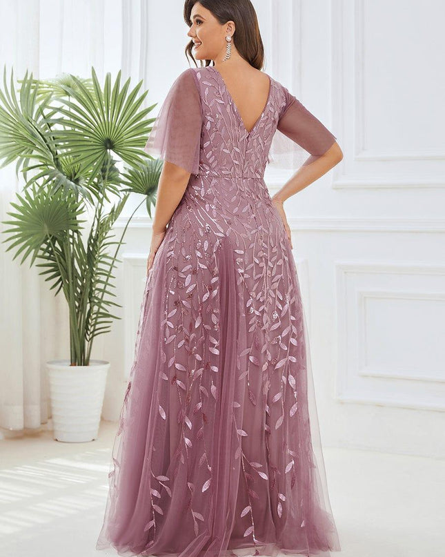 Zia | Fitted V-Neck Ruffle Sleeve Evening Dress