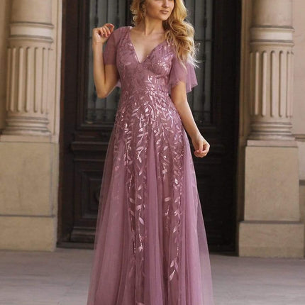 Zia | Fitted V-Neck Ruffle Sleeve Evening Dress