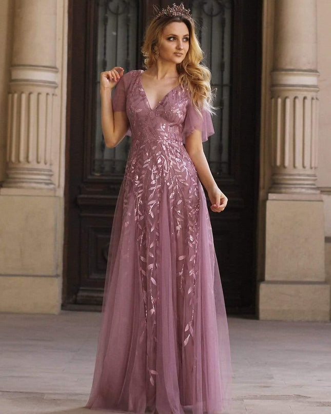 Zia | Fitted V-Neck Ruffle Sleeve Evening Dress