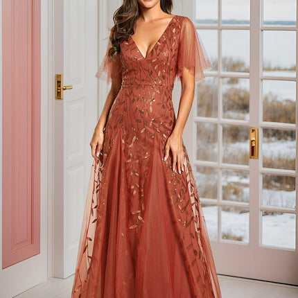 Zia | Fitted V-Neck Ruffle Sleeve Evening Dress