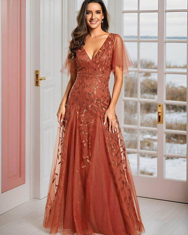 Zia | Fitted V-Neck Ruffle Sleeve Evening Dress