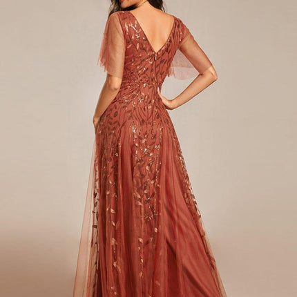 Zia | Fitted V-Neck Ruffle Sleeve Evening Dress