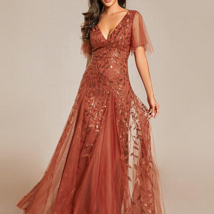 Zia | Fitted V-Neck Ruffle Sleeve Evening Dress