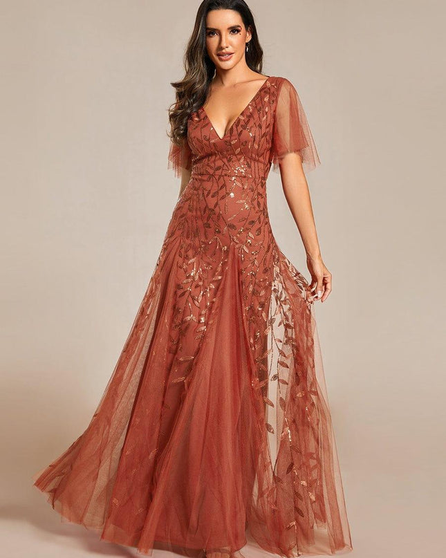 Zia | Fitted V-Neck Ruffle Sleeve Evening Dress