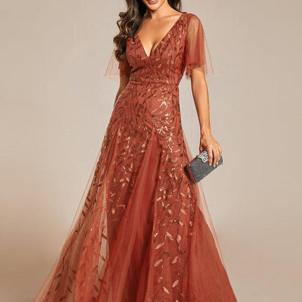 Zia | Fitted V-Neck Ruffle Sleeve Evening Dress