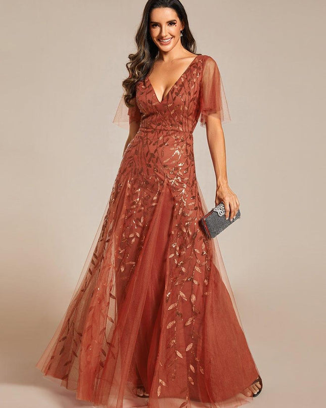 Zia | Fitted V-Neck Ruffle Sleeve Evening Dress