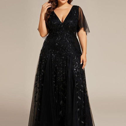 Zia | Fitted V-Neck Ruffle Sleeve Evening Dress
