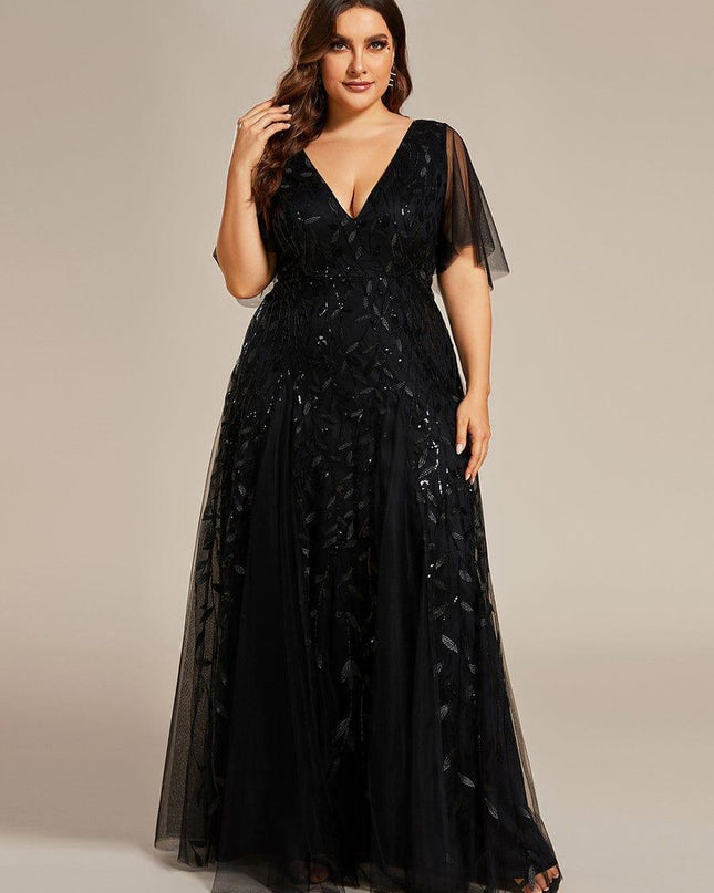 Zia | Fitted V-Neck Ruffle Sleeve Evening Dress