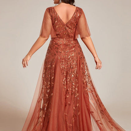 Zia | Fitted V-Neck Ruffle Sleeve Evening Dress