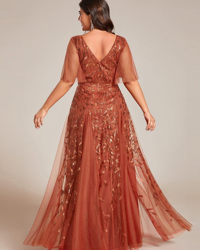 Zia | Fitted V-Neck Ruffle Sleeve Evening Dress