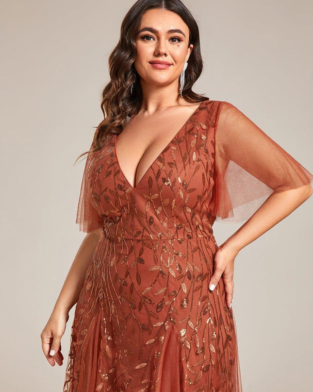 Zia | Fitted V-Neck Ruffle Sleeve Evening Dress