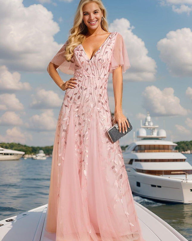 Zia | Fitted V-Neck Ruffle Sleeve Evening Dress