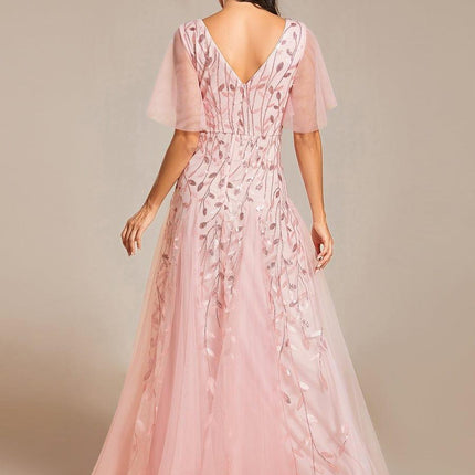 Zia | Fitted V-Neck Ruffle Sleeve Evening Dress