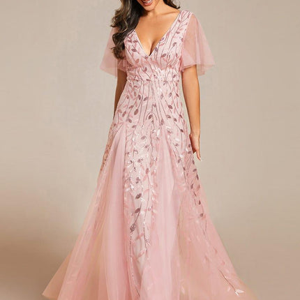 Zia | Fitted V-Neck Ruffle Sleeve Evening Dress