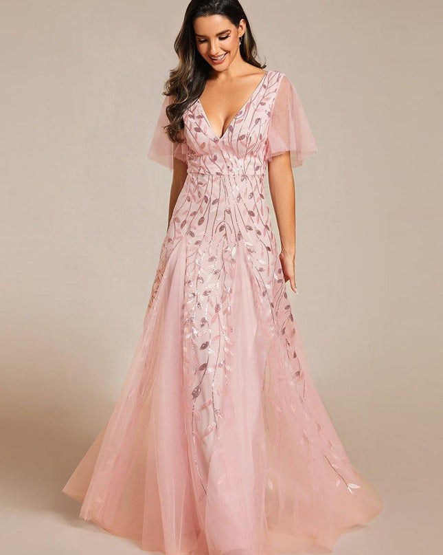 Zia | Fitted V-Neck Ruffle Sleeve Evening Dress