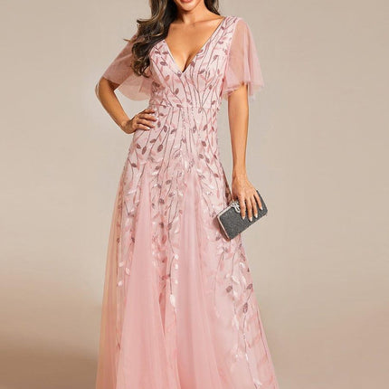 Zia | Fitted V-Neck Ruffle Sleeve Evening Dress