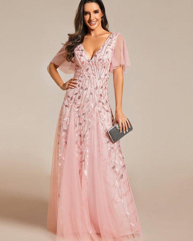 Zia | Fitted V-Neck Ruffle Sleeve Evening Dress