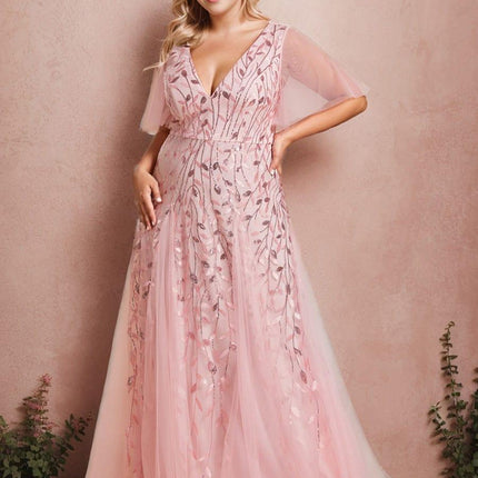 Zia | Fitted V-Neck Ruffle Sleeve Evening Dress