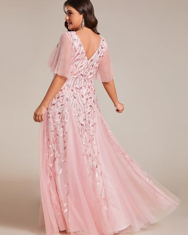 Zia | Fitted V-Neck Ruffle Sleeve Evening Dress