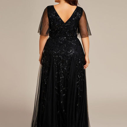 Zia | Fitted V-Neck Ruffle Sleeve Evening Dress