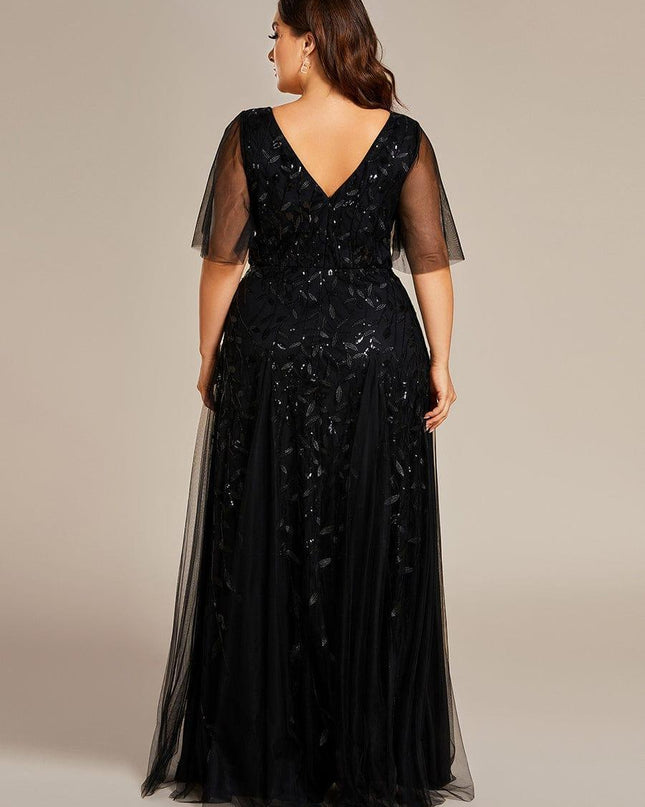 Zia | Fitted V-Neck Ruffle Sleeve Evening Dress