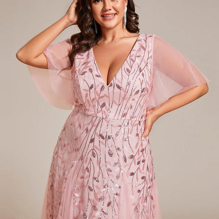 Zia | Fitted V-Neck Ruffle Sleeve Evening Dress