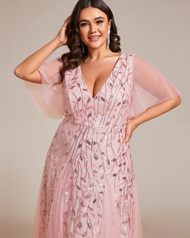 Zia | Fitted V-Neck Ruffle Sleeve Evening Dress