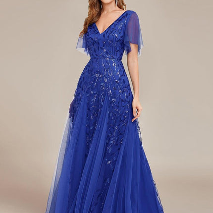 Zia | Fitted V-Neck Ruffle Sleeve Evening Dress