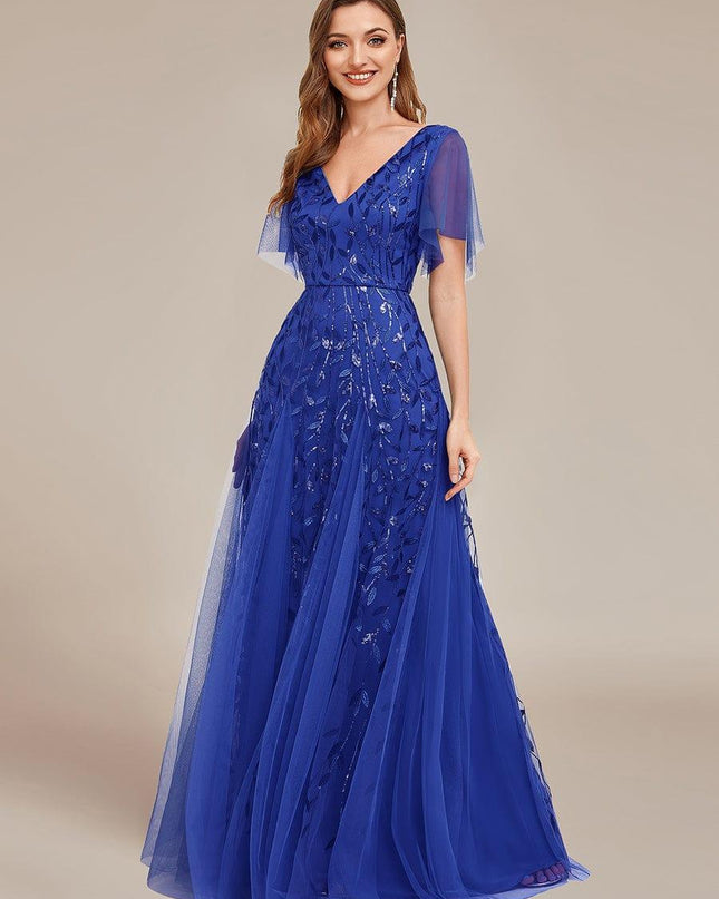 Zia | Fitted V-Neck Ruffle Sleeve Evening Dress