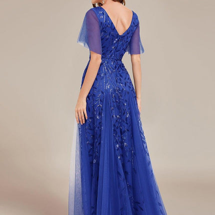 Zia | Fitted V-Neck Ruffle Sleeve Evening Dress