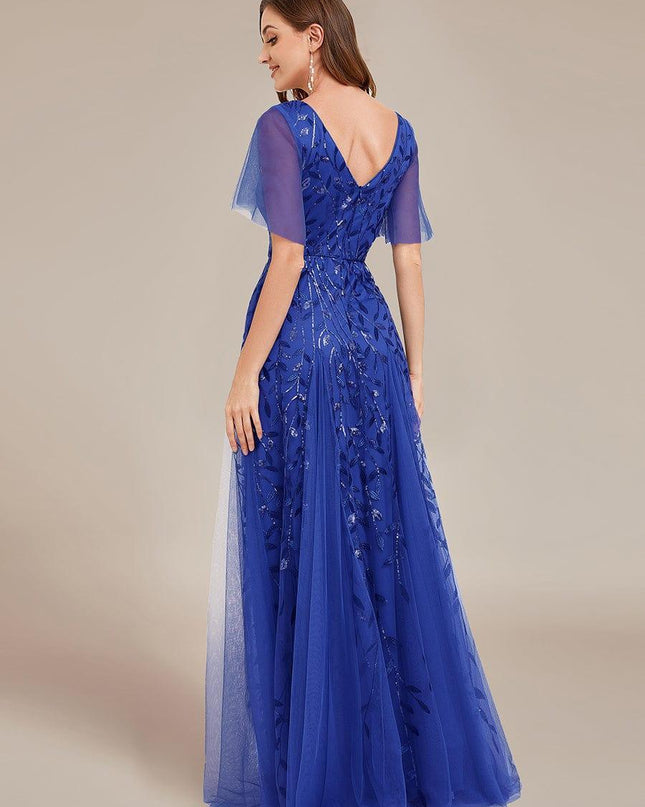 Zia | Fitted V-Neck Ruffle Sleeve Evening Dress