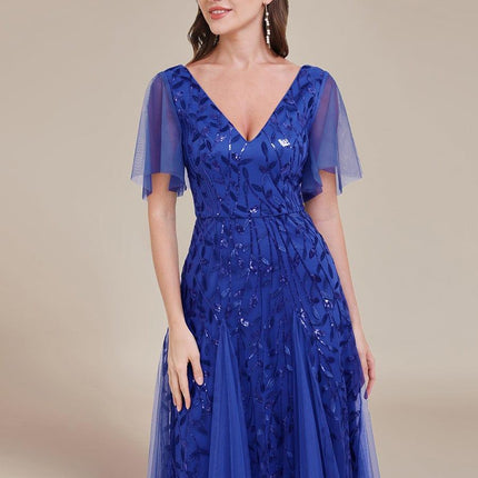 Zia | Fitted V-Neck Ruffle Sleeve Evening Dress