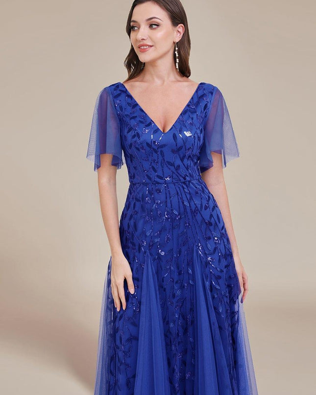 Zia | Fitted V-Neck Ruffle Sleeve Evening Dress
