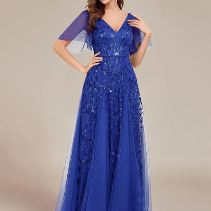 Zia | Fitted V-Neck Ruffle Sleeve Evening Dress